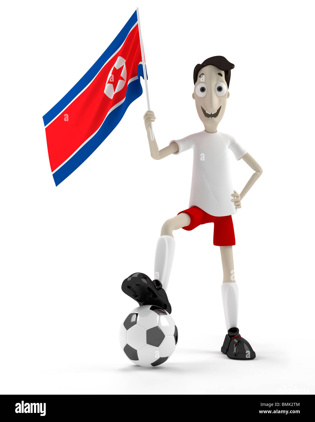 Smiling cartoon style soccer player with ball and North Korea flag Stock Photo
