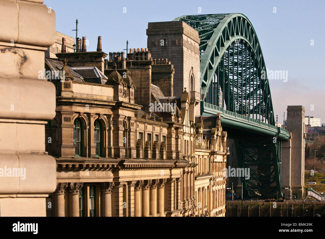 The quayside in Newcastle and the Tyne Bridge, as viewed looking down