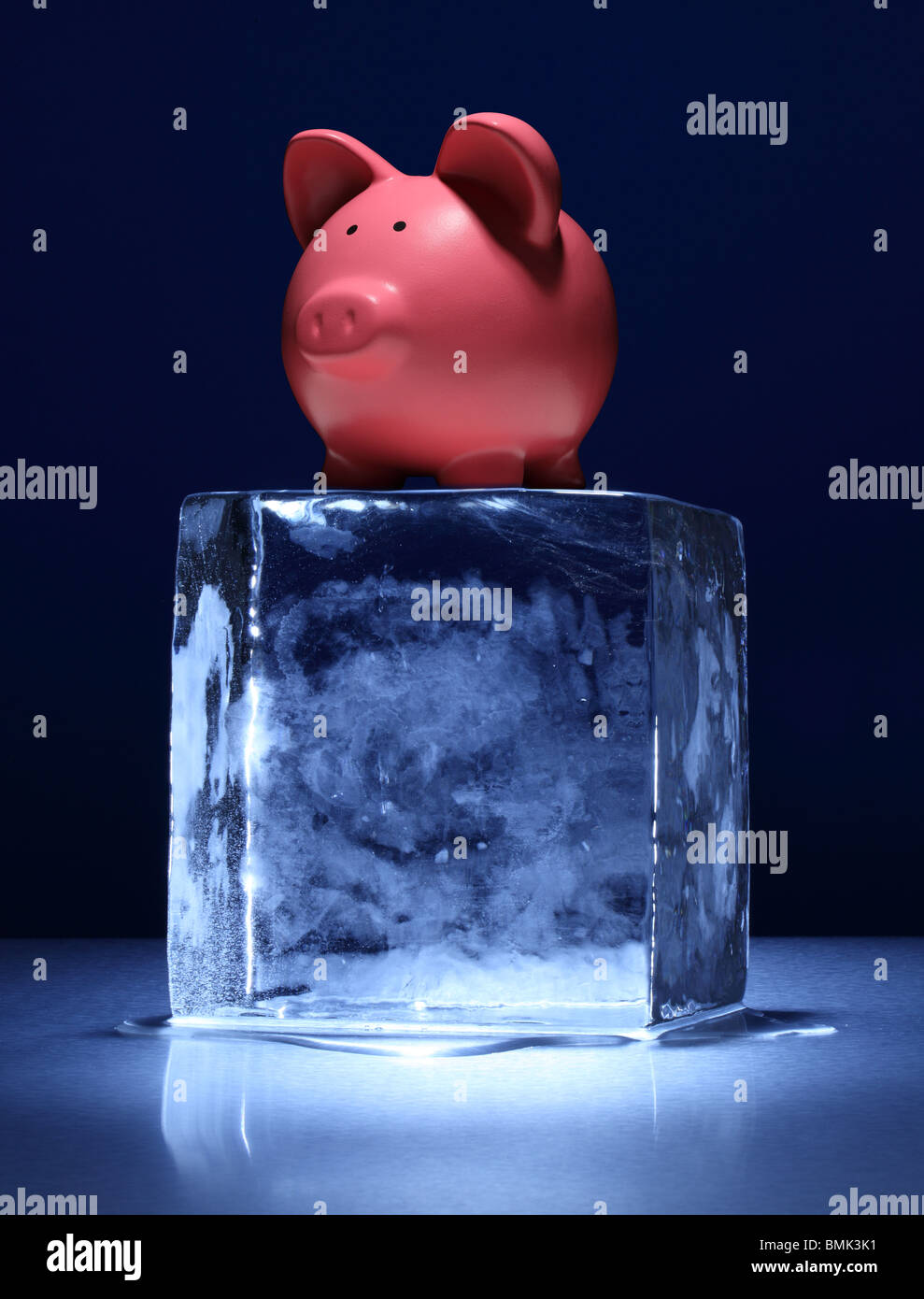 A frozen block of ice with a pink piggy bank on top Stock Photo