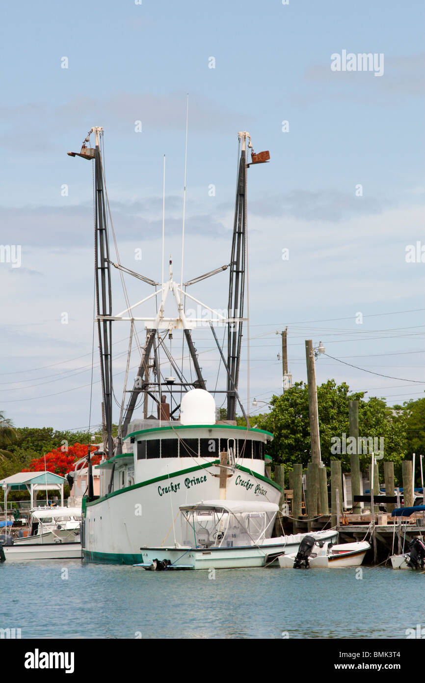 A lobster fishing boat tied up to the dock at Spanish Wells, Bahamas