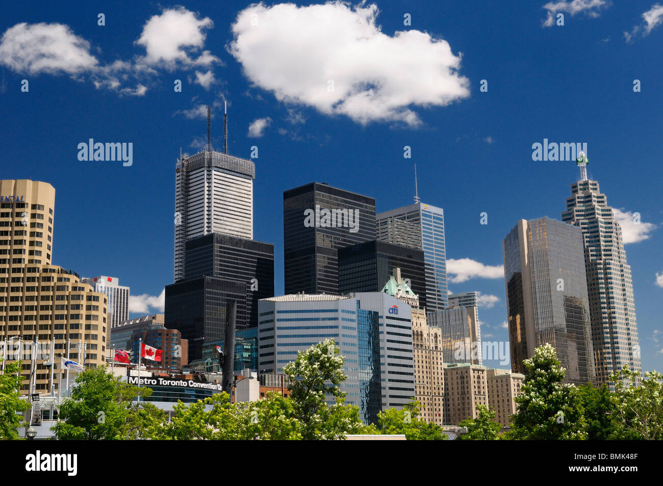 Cityscape of downtown Toronto with Metro Convention Centre and bank towers on a blue sky summer day Stock Photo