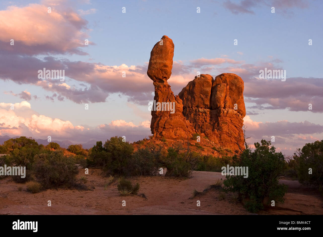 Balanced Rock Sunset, Arches National Park, Moab, Utah Stock Photo