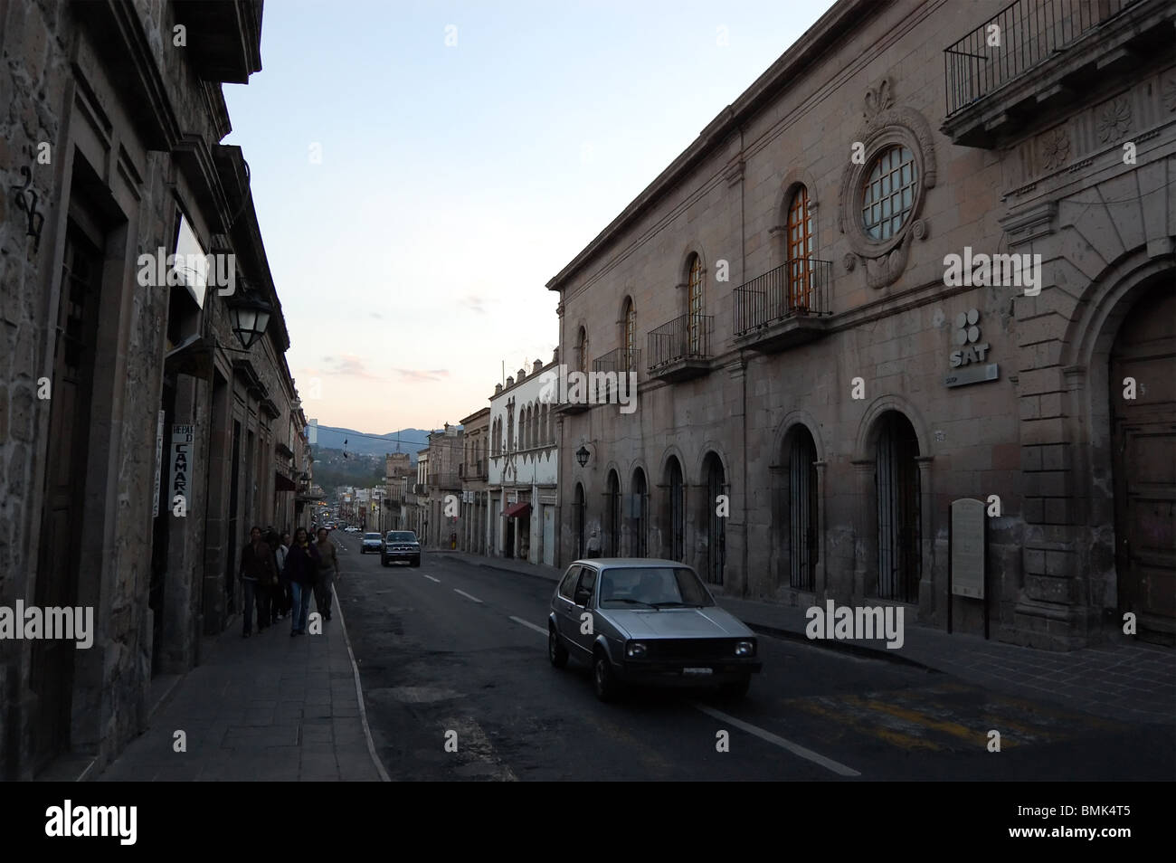 Street of Morelia in Michoacan, Mexico during dusk. Stock Photo