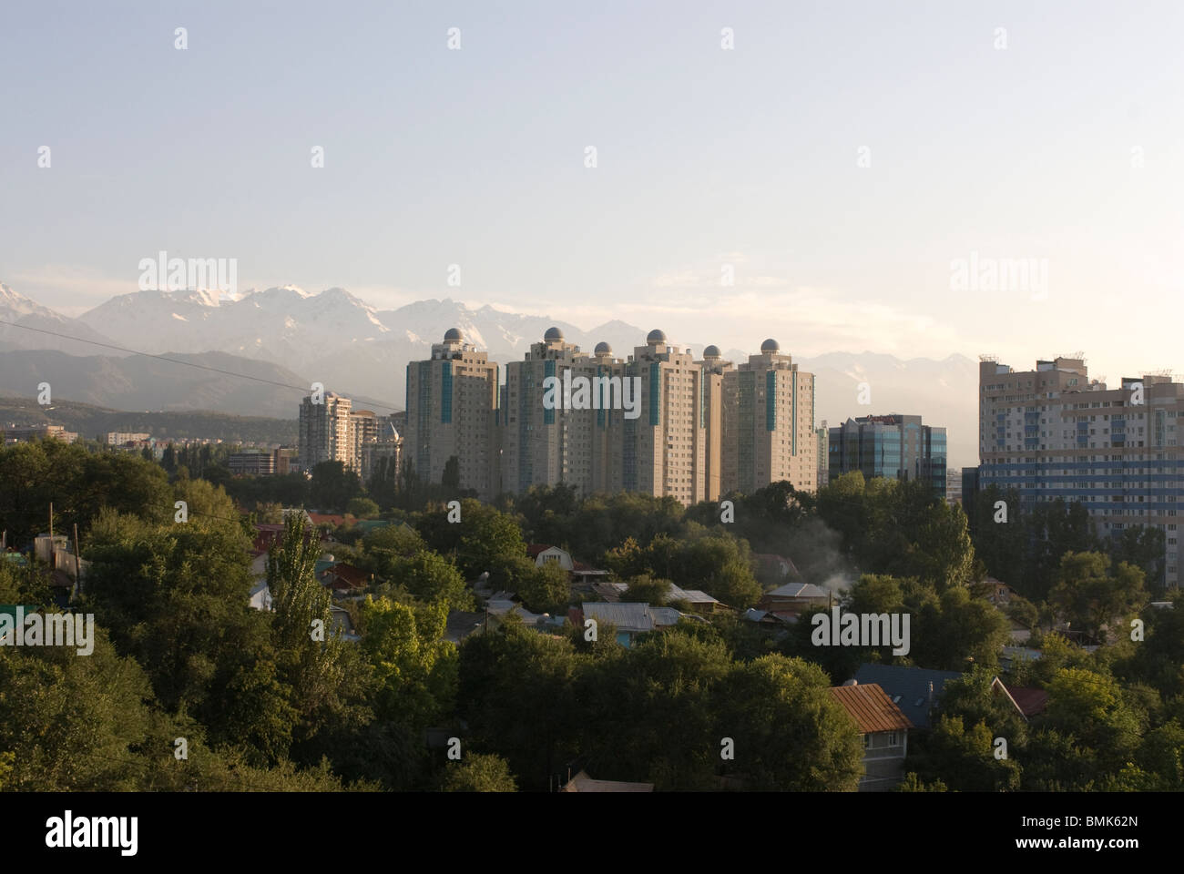 Skyline of Almaty, Altau Range in background, Kazakhstan Stock Photo