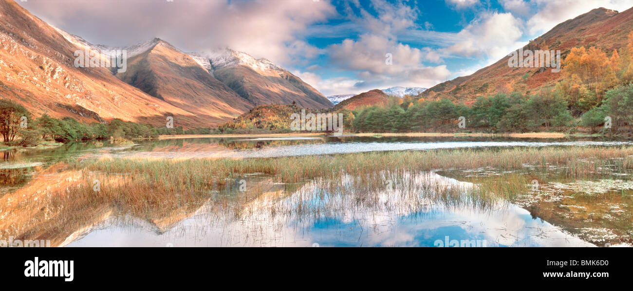 Autumn Reflections of the Five Sisters of Kintail, Glen Shiel Stock Photo