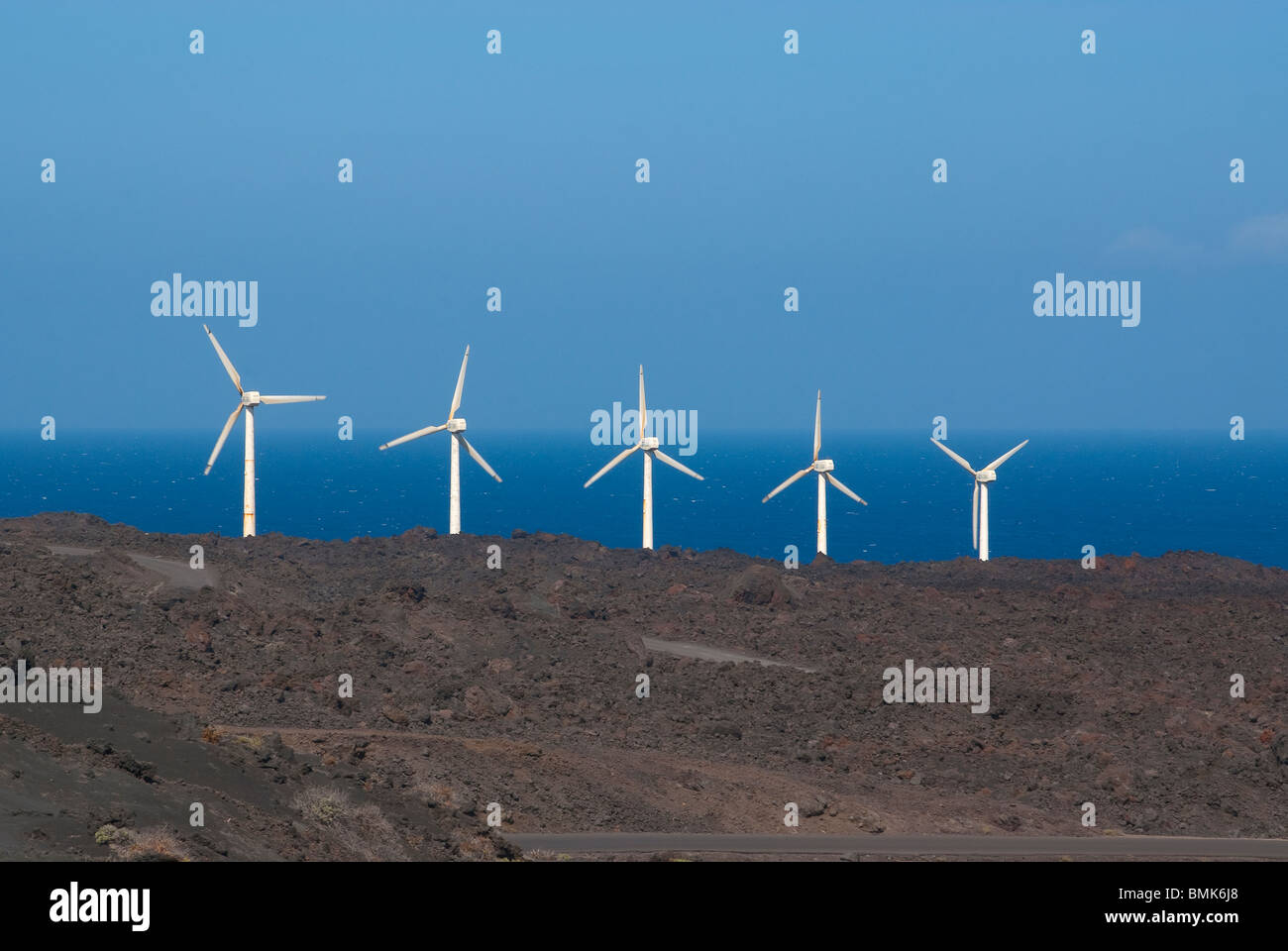 Wind turbines producing sustainable energy on La Palma Stock Photo