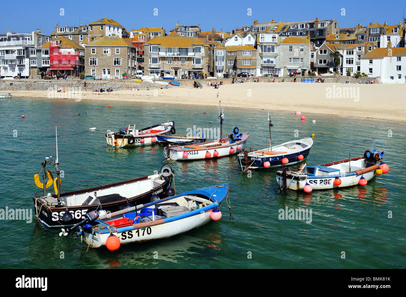 fishing boats moored in the bay at st.ives, cornwall, uk Stock Photo