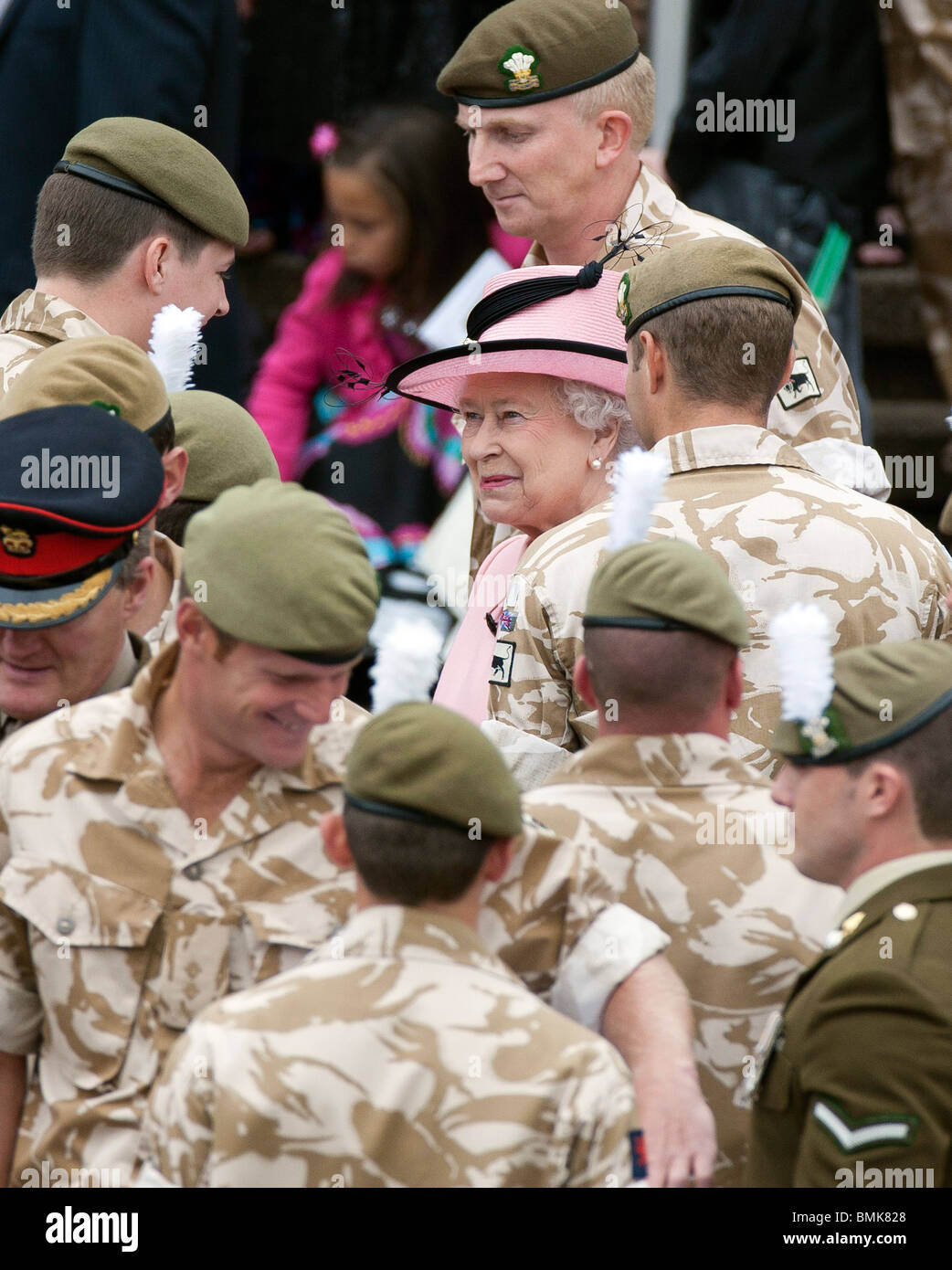 Britain's Queen Elizabeth II at the Drumhead Service and Afghanistan service medal to the 1st Battalion the Royal Welsh Stock Photo