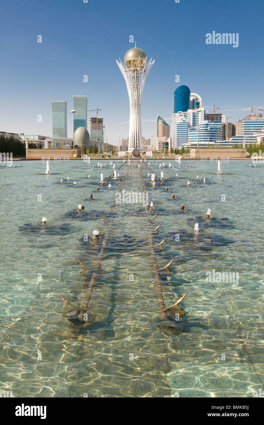 Fountains at Bayterek Tower, landmark of Astana, Kazakhstan Stock Photo