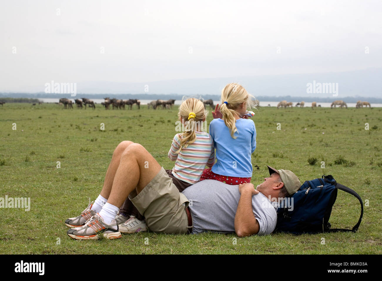 Africa, Kenya, Lake Naivasha. Tourists watching wildlife on Cresent Island at Lake Naivasha. The highest Rift Valley lake. Stock Photo