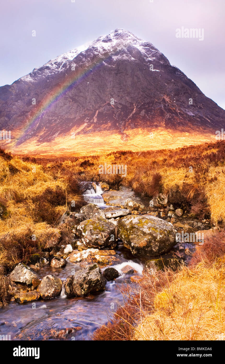 View over a burn to Buachaille Etive Mor, from Glen Etive Stock Photo