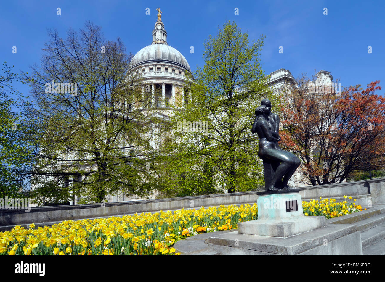 St Pauls Cathedral London springtime and the Young Lovers sculpture Stock Photo