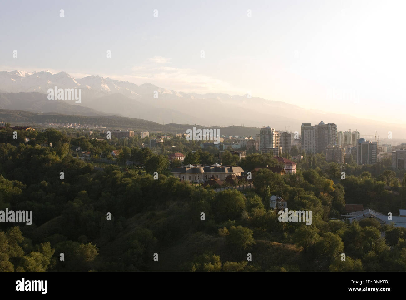Skyline of Almaty, Altau Range in background, Kazakhstan Stock Photo