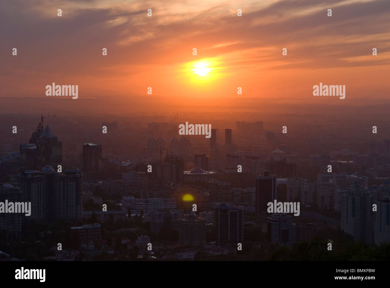Skyline of Almaty at sunset, Kazakhstan Stock Photo