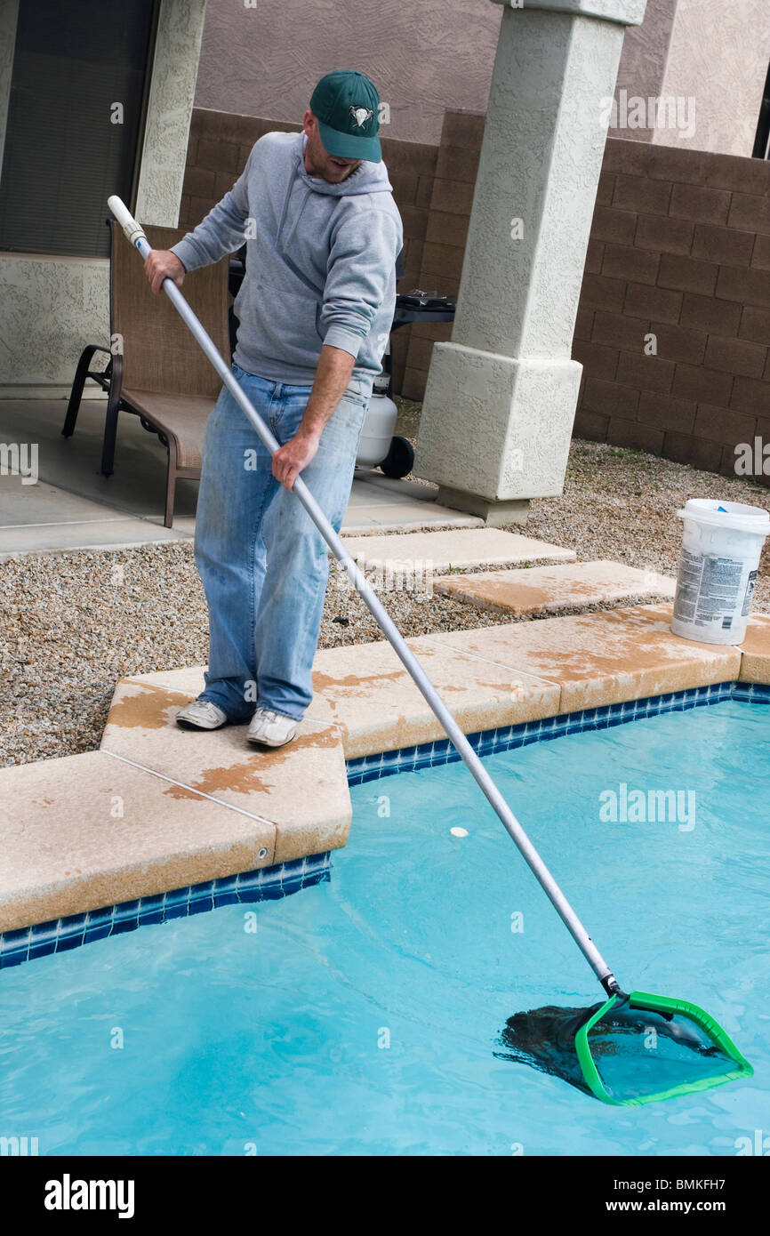 Man cleaning swimming pool with net Stock Photo Alamy