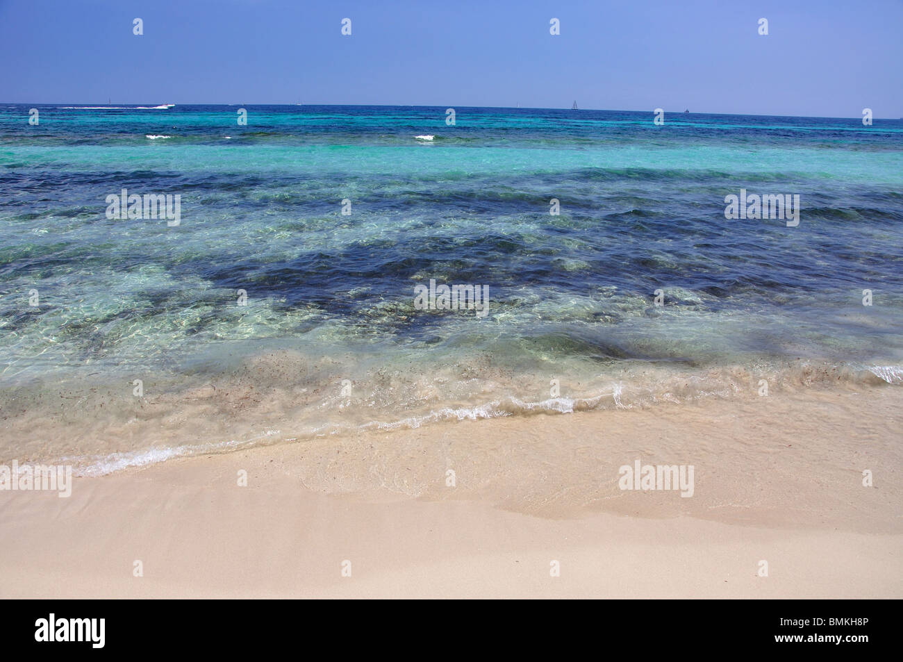 Beach view, Platja de ses Salines, Ibiza, Balearic Islands, Spain Stock Photo