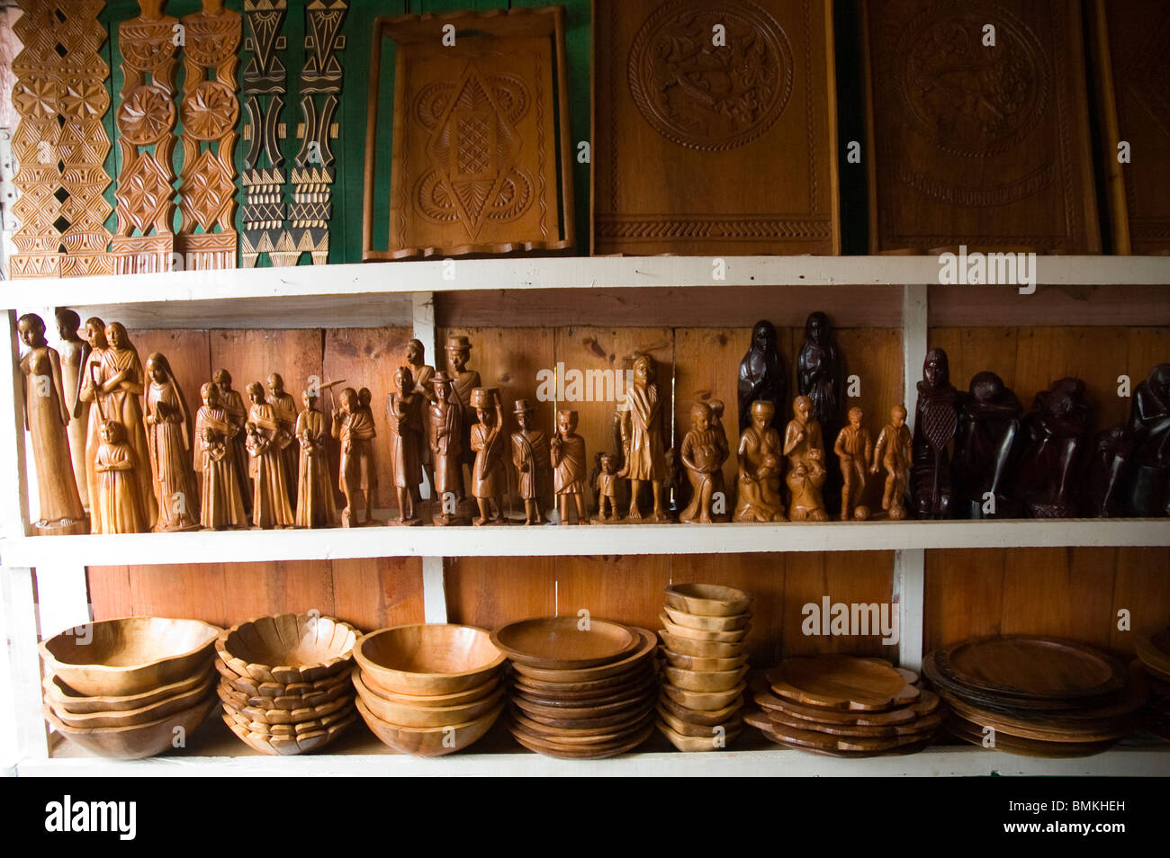 Madagascar, Ambositra. Wooden crafts for sale in Ambositra. Stock Photo