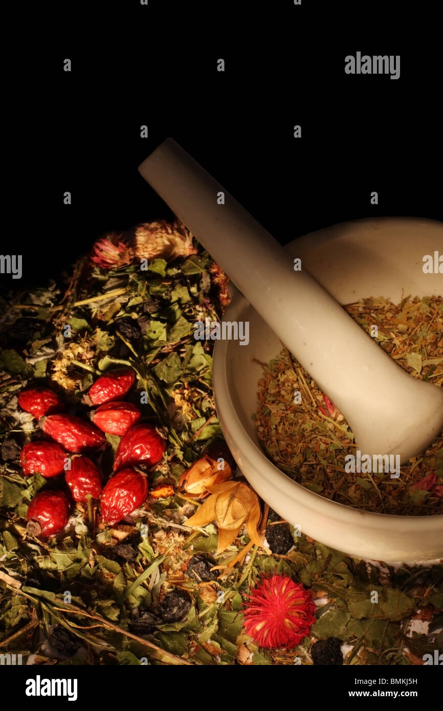 Mortar with dry herbs and hips on black background Stock Photo