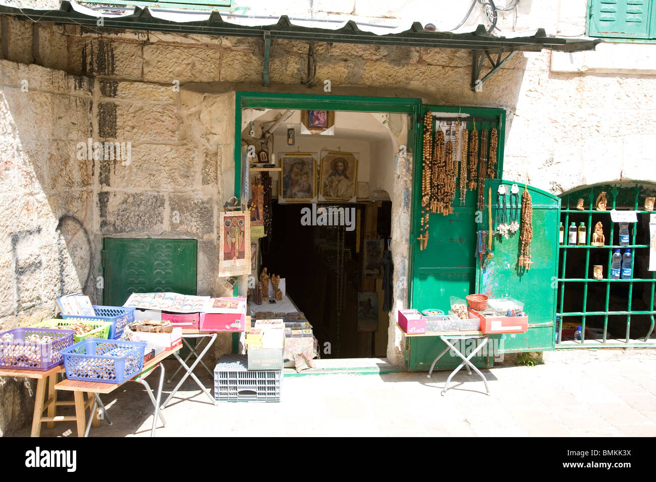 Rosaries, crosses and Religious icons for sale in Jerusalem Old City - outisde Ethiopian Monastery Stock Photo