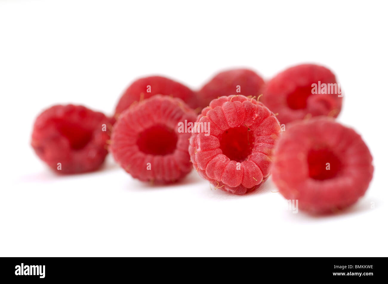 Red Raspberries Isolated on White Background. Stock Photo