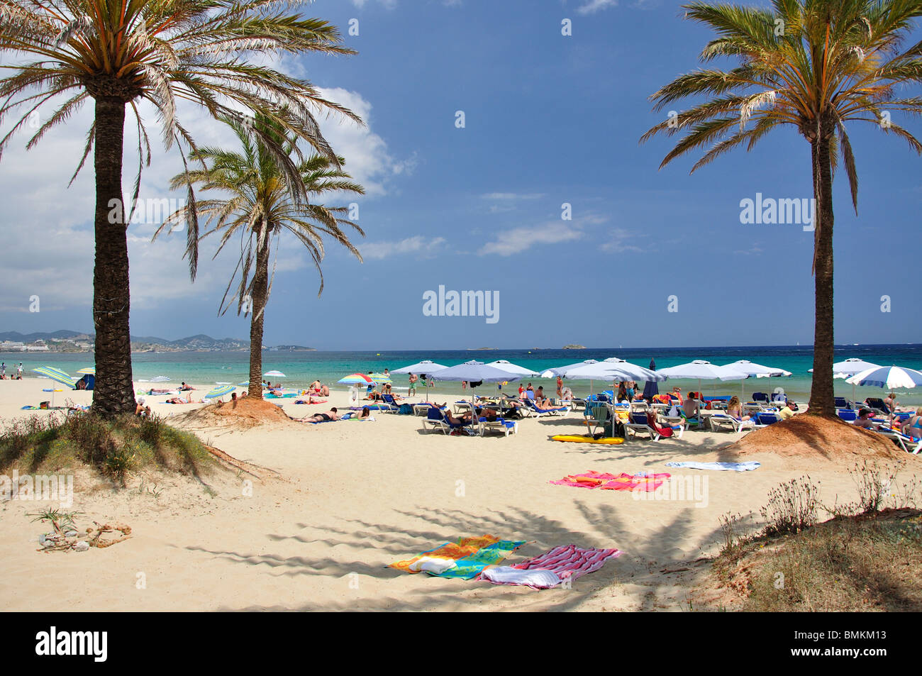 Beach view, Platja d’en Bossa, Playa d'en Bossa, Ibiza, Balearic Islands, Spain Stock Photo