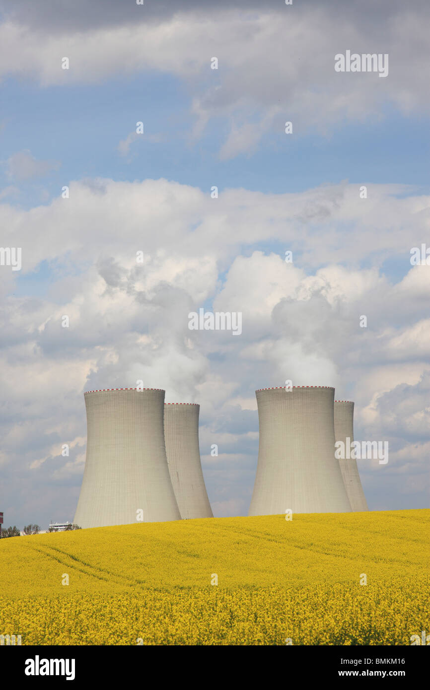 4 cooling towers of Temelin nuclear power plant and yellow rape field ...