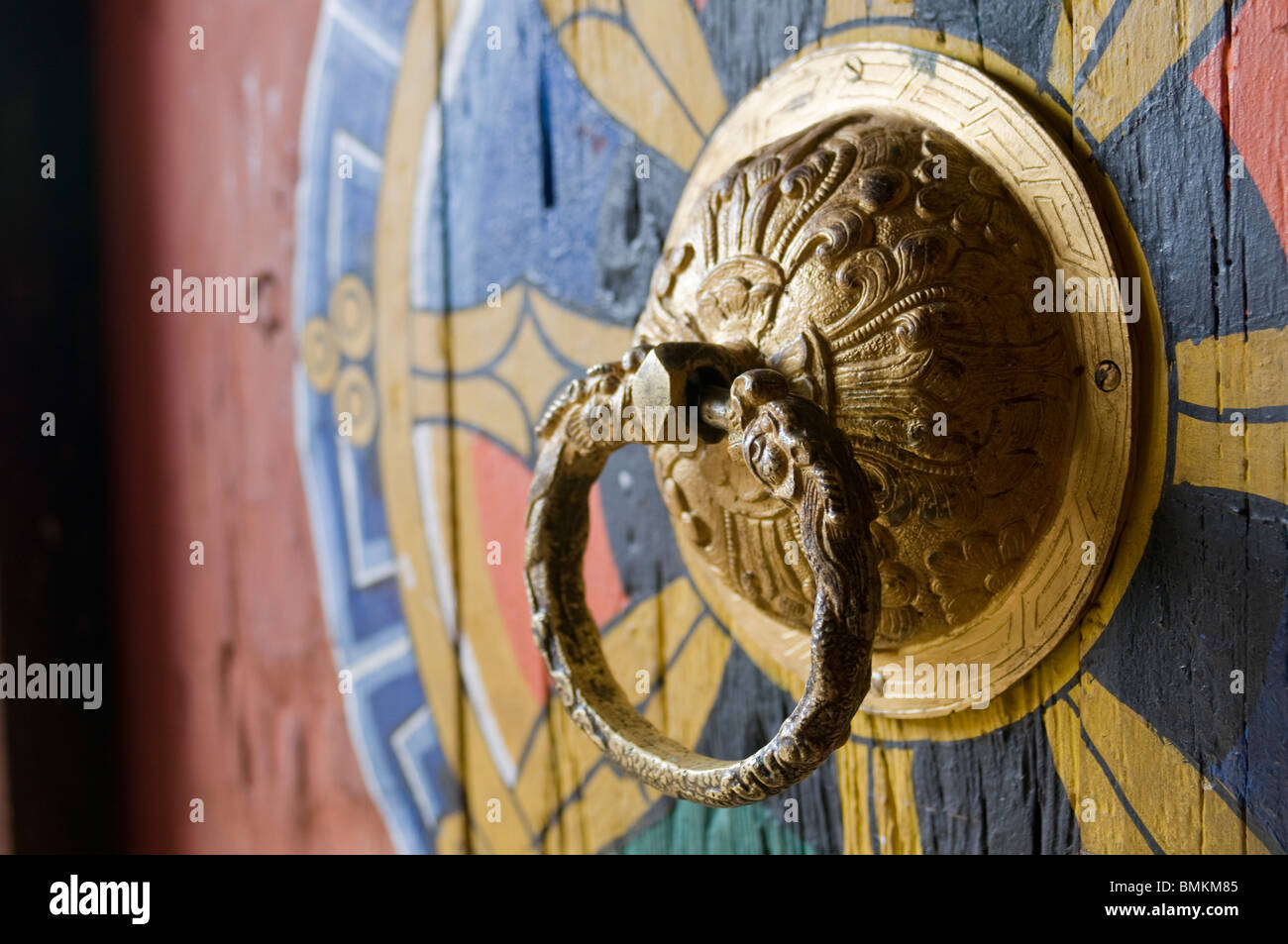 Colourful door knocker. Chimi Lhakhang. Bhutan. Asia. Stock Photo