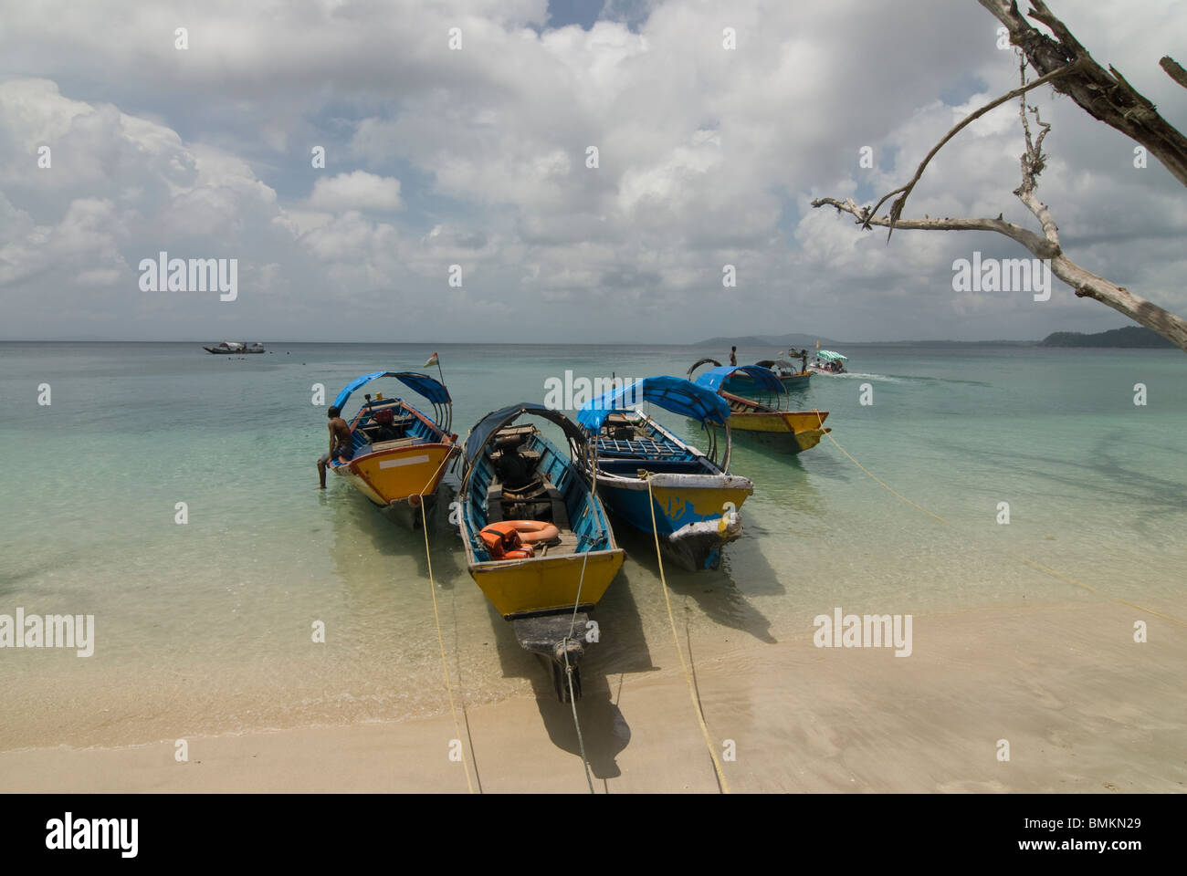 Boats at coast in turquoise Indian Ocean,Havelock Island, Andaman Islands,India Stock Photo