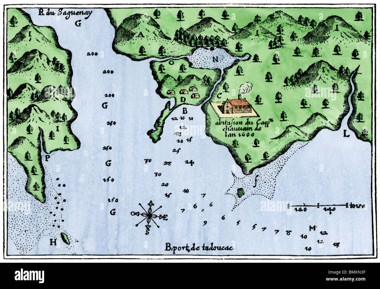 Champlain's map of Tadoussac settlement in New France, 1613. Hand-colored woodcut Stock Photo