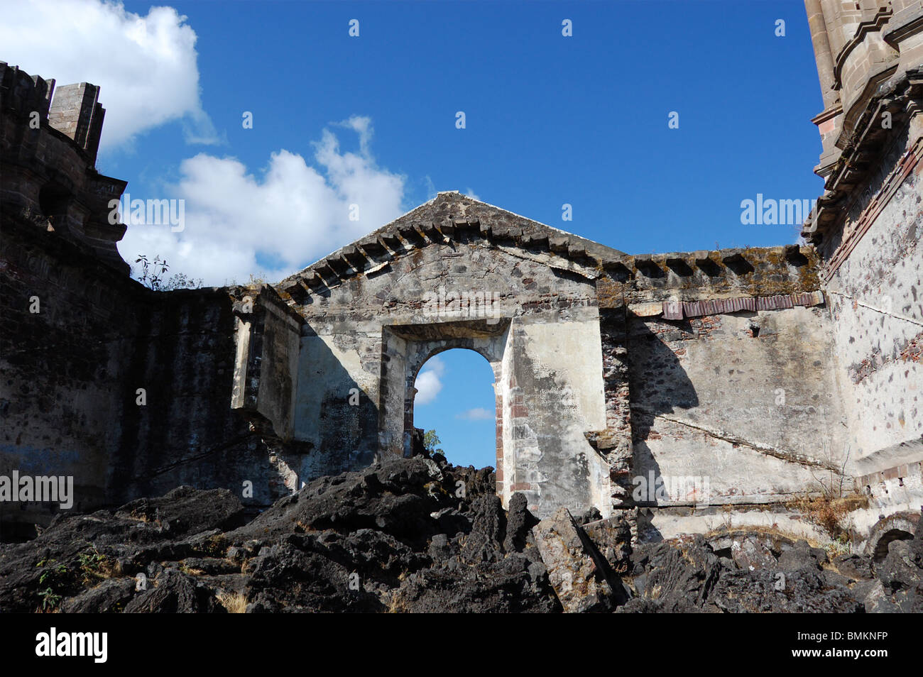 Ruins of San Juan Parangaricutiro buried by the lava of the Paricutin volcano in Michoacan, Mexico. Stock Photo