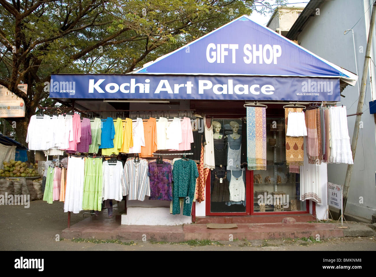 Indian Street scene Kochi art palace gift shop at Jew town ; Cochin now