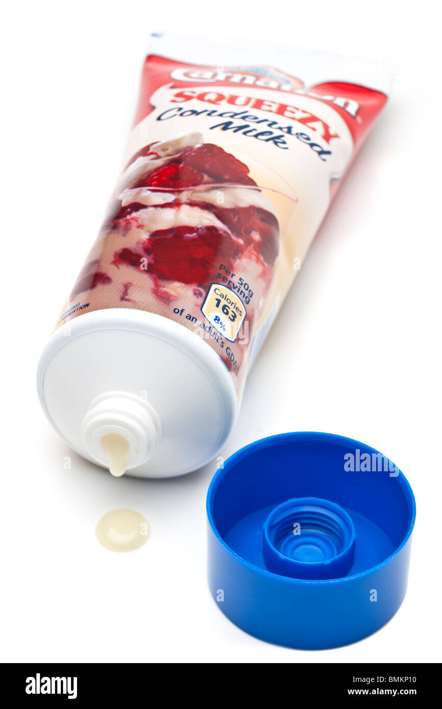 Tube of Carnation Squeezy condensed milk Stock Photo