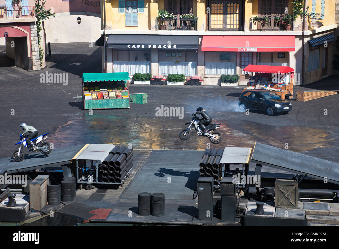 Motorcycle stunt driver jumping ramp in Lights, Motors, Action! Extreme