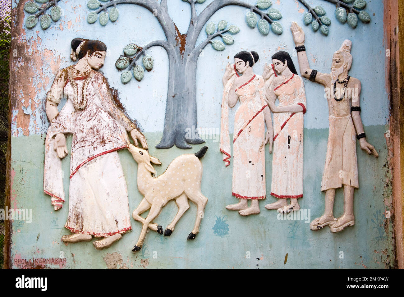 Scene from Kalidas Sanskrit epic play Abhigyan Shakuntalam carved on wall in zoo ; Calcutta now Kolkata ; West Bengal ; India Stock Photo
