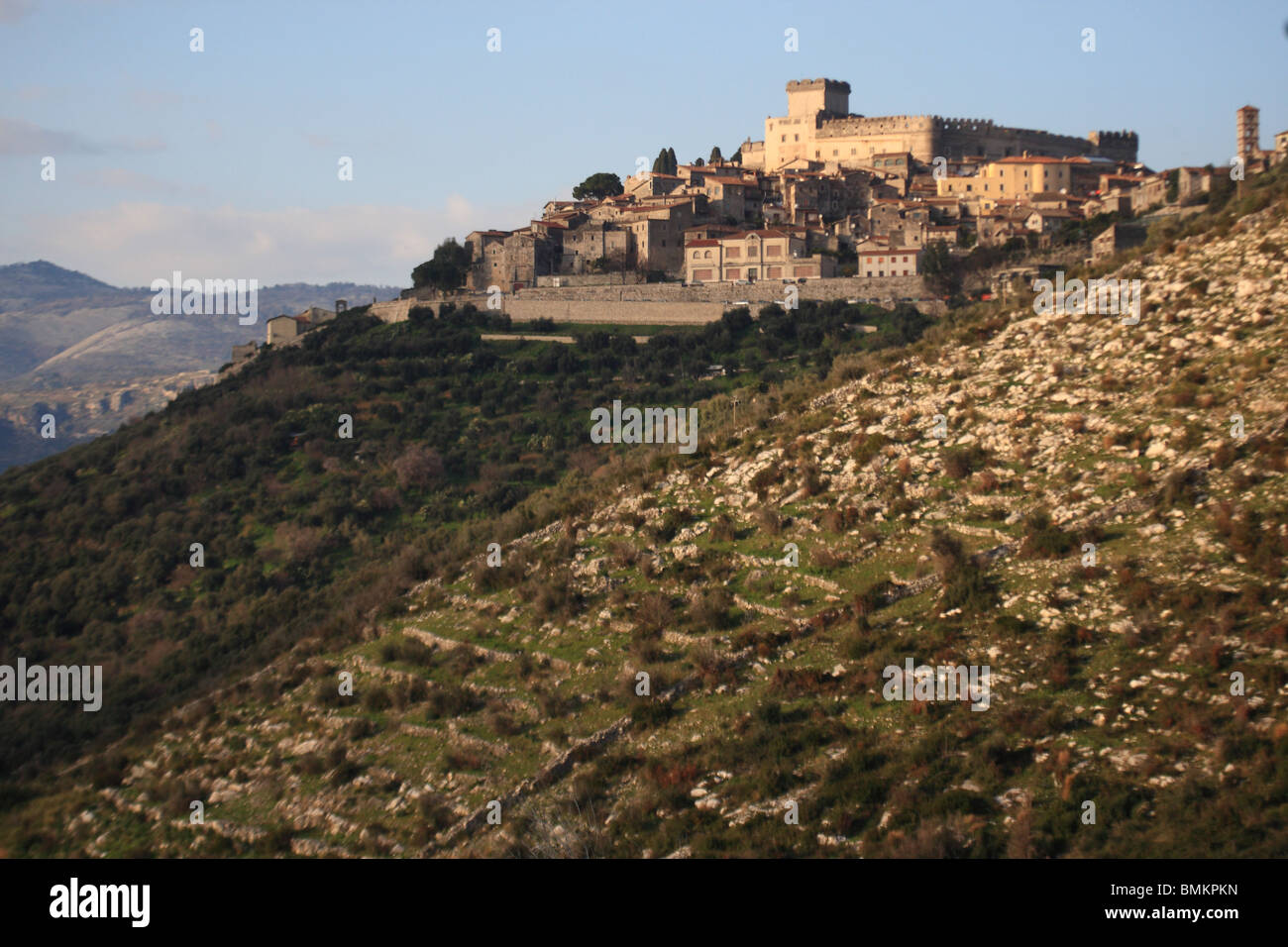 Ancient village of Sermoneta, with Caetani Castle on the top Stock Photo