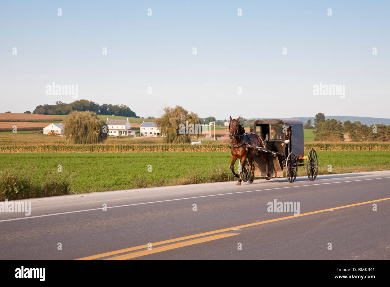 Lancaster County, PA - Sept 2009 - Amish family driving horse and buggy on highway in Lancaster County Pennsylvania Stock Photo
