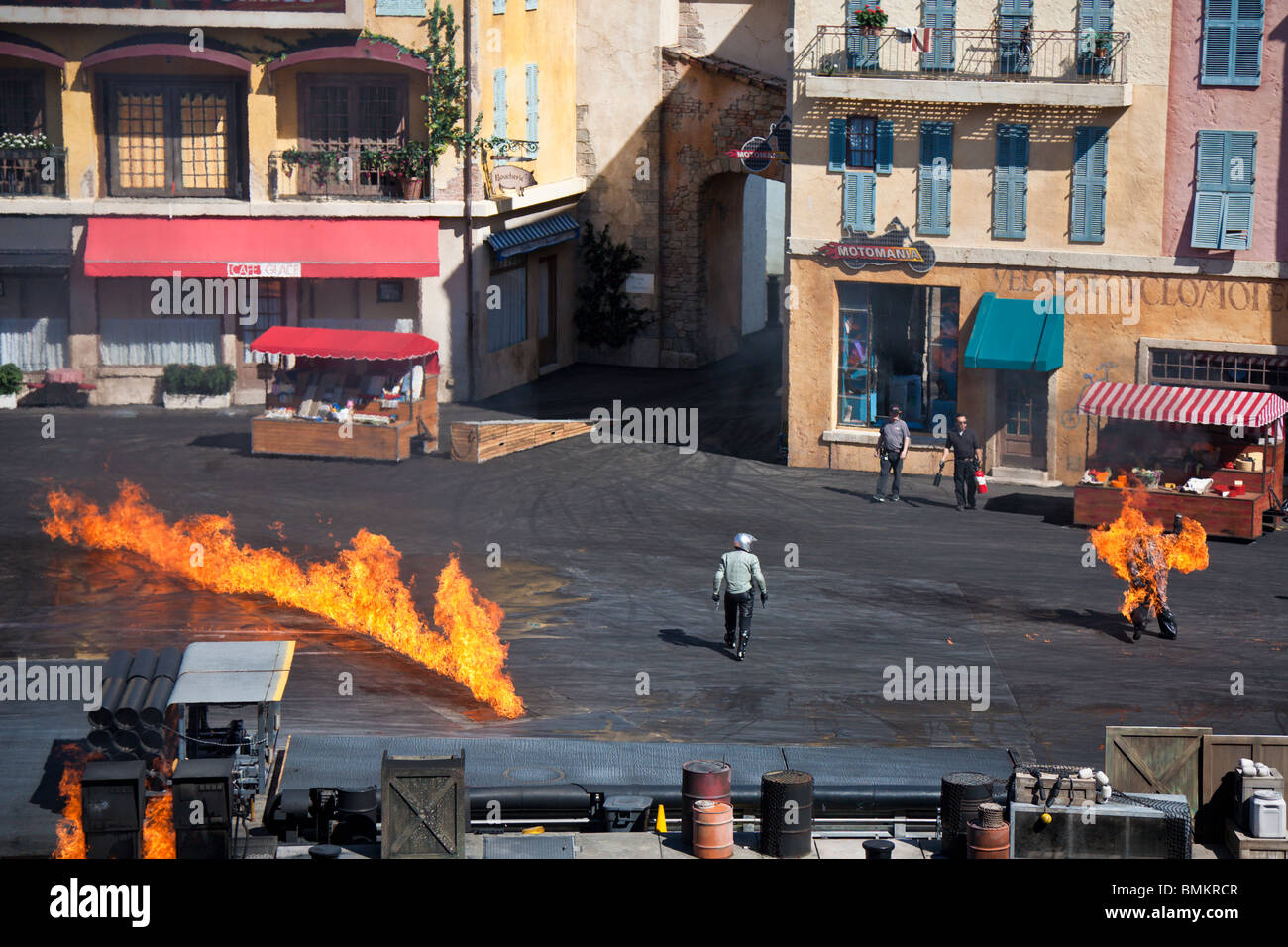 Motorcycle rider on fire in Lights, Motors, Action! Extreme Stunt Show at Disney's Hollywood Studios Stock Photo