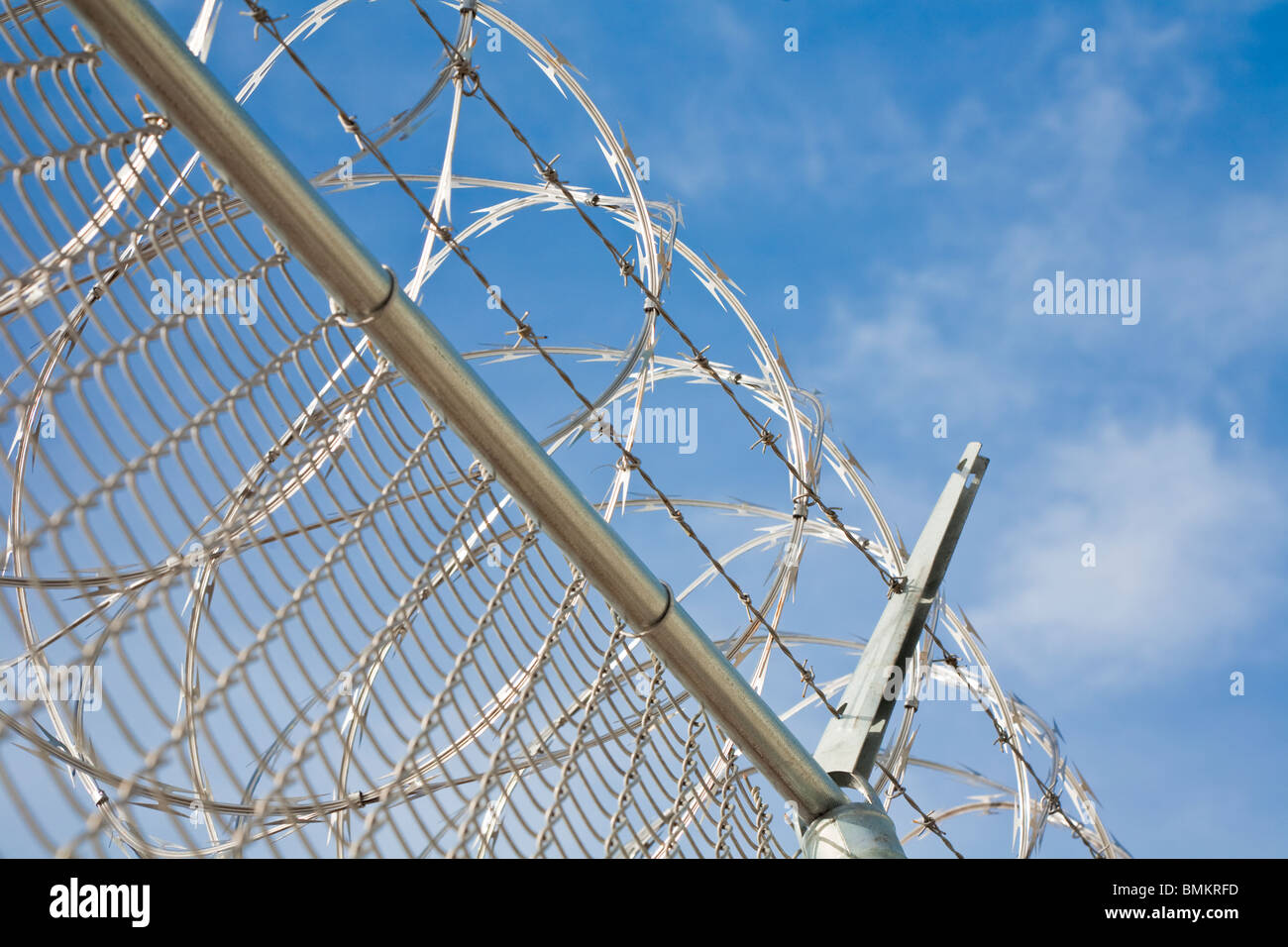 Florida - Feb 2009 - Stainless steel razor wire spirals over chain link fence at correctional facility in central Florida Stock Photo
