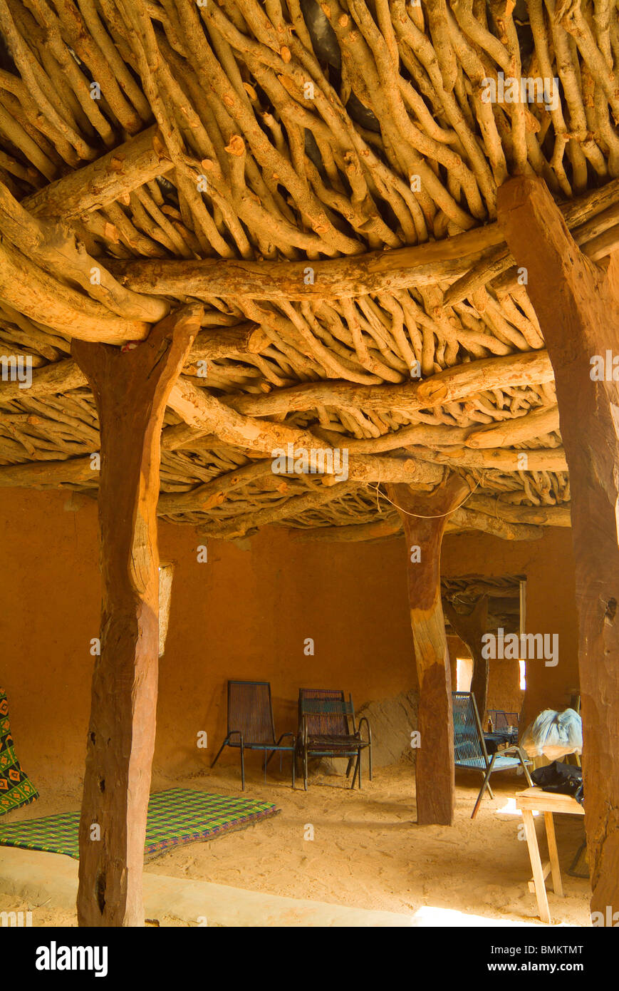 Mali, West Africa, Idjeli Village. Wood structure holding roof inside a