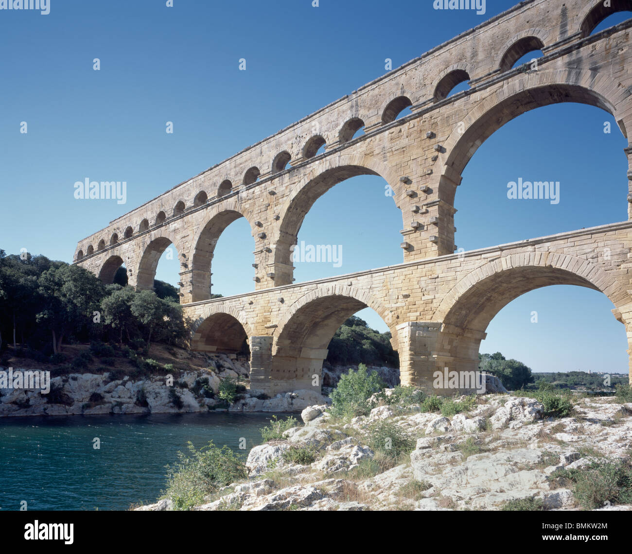 Pont du Gard France. 1st century Roman aqueduct, with three rows of arches. Stock Photo