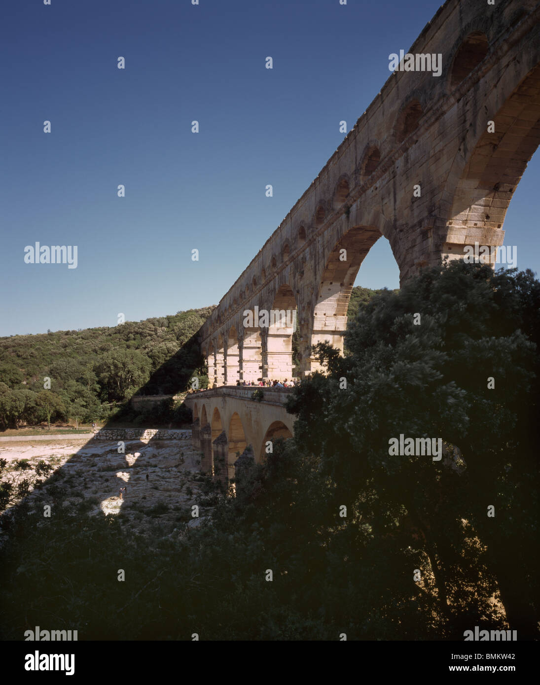 Pont du Gard France. 1st century Roman aqueduct, with three rows of arches. Stock Photo