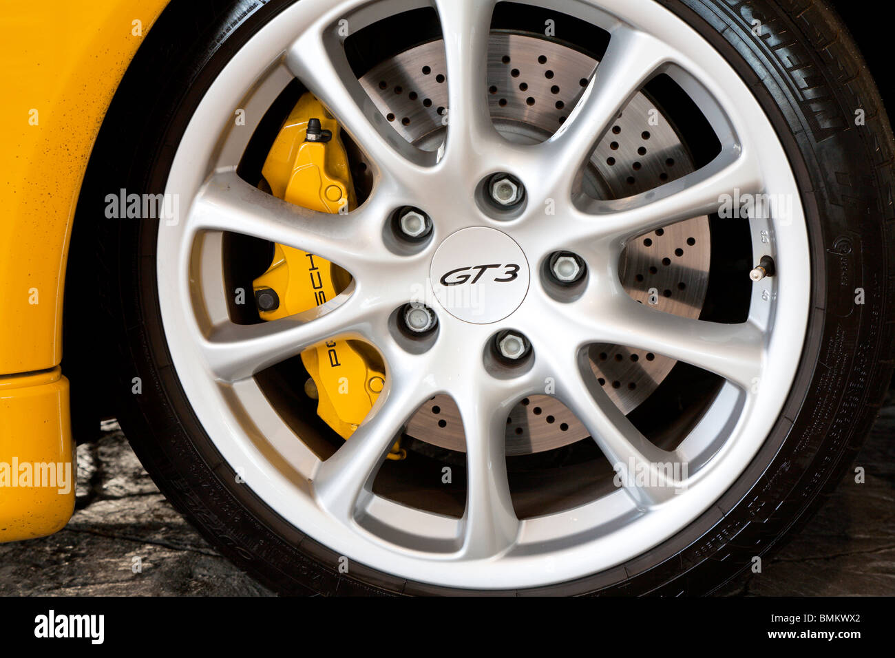 Ocala, FL - Oct 2009 - Front alloy wheel of Porsche sports car at dealership in Ocala Florida Stock Photo