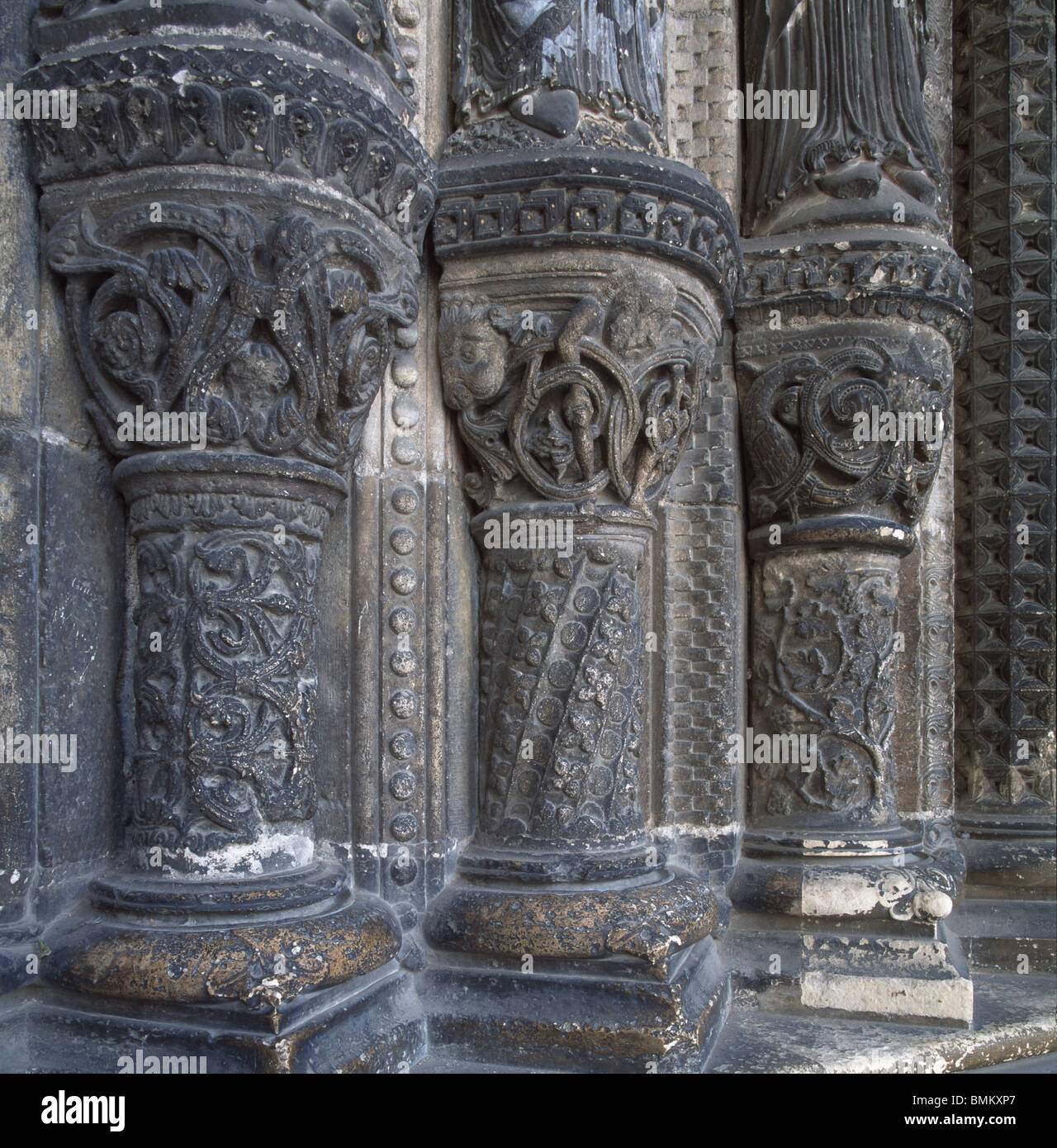 Chartres Cathedral of Notre Dame. France. north portal: decorative Romanesque columns 13th century Stock Photo