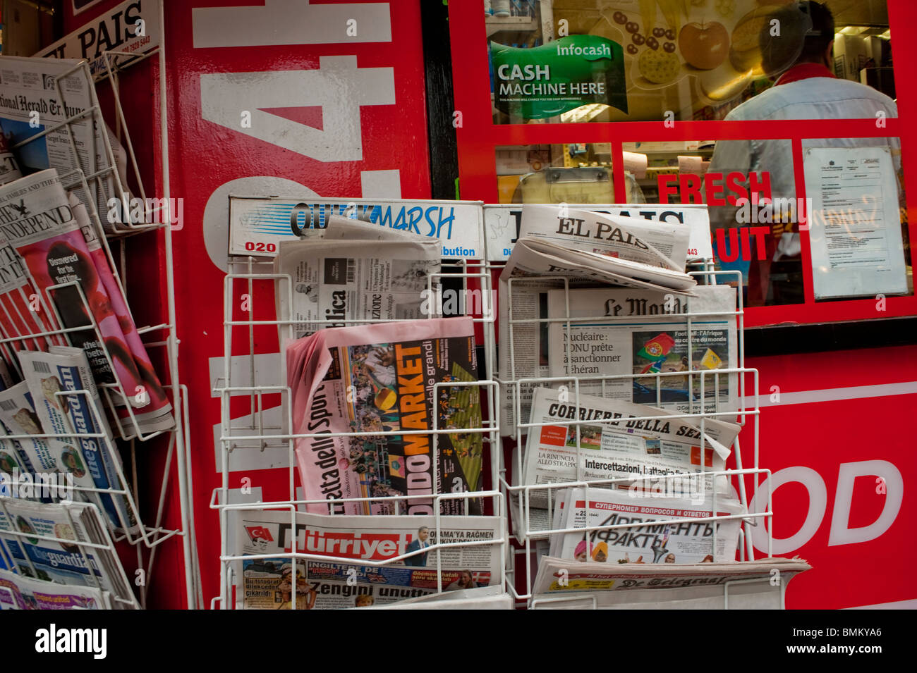 London, UK, Chinatown, Newsagent, English Newspapers on Display outside Shop Front, Newspapers on Sale on Street Stock Photo