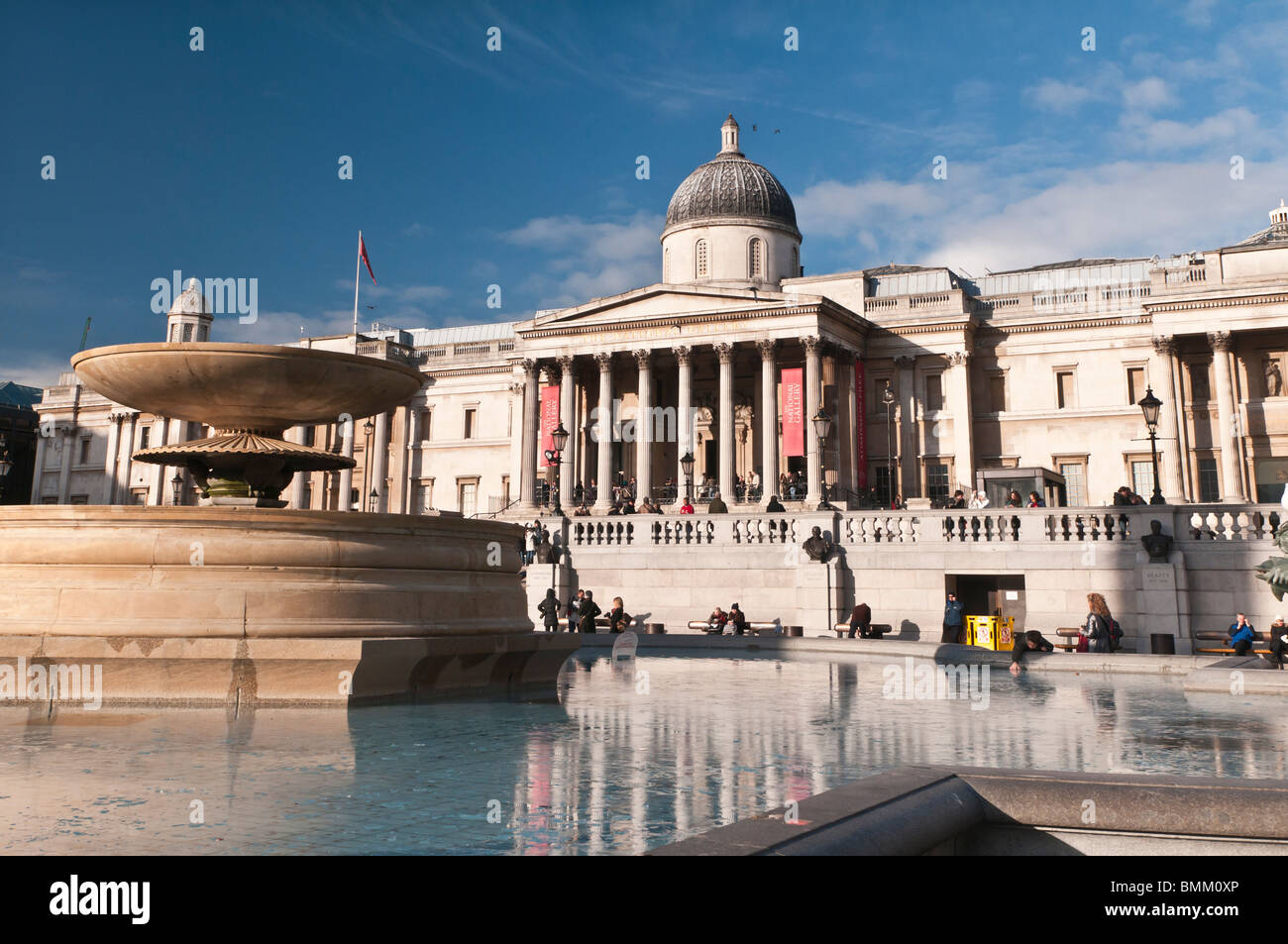 The National Gallery in winter with frozen fountain, Trafalgar Square, London, United Kingdom Stock Photo