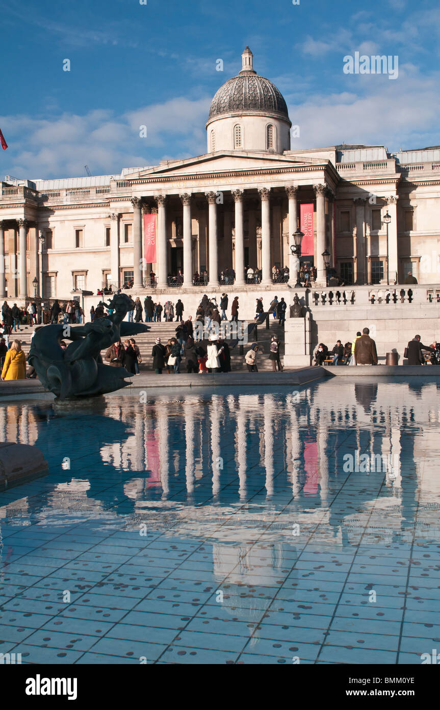 The National Gallery in winter with frozen fountain, Trafalgar Square, London, United Kingdom Stock Photo