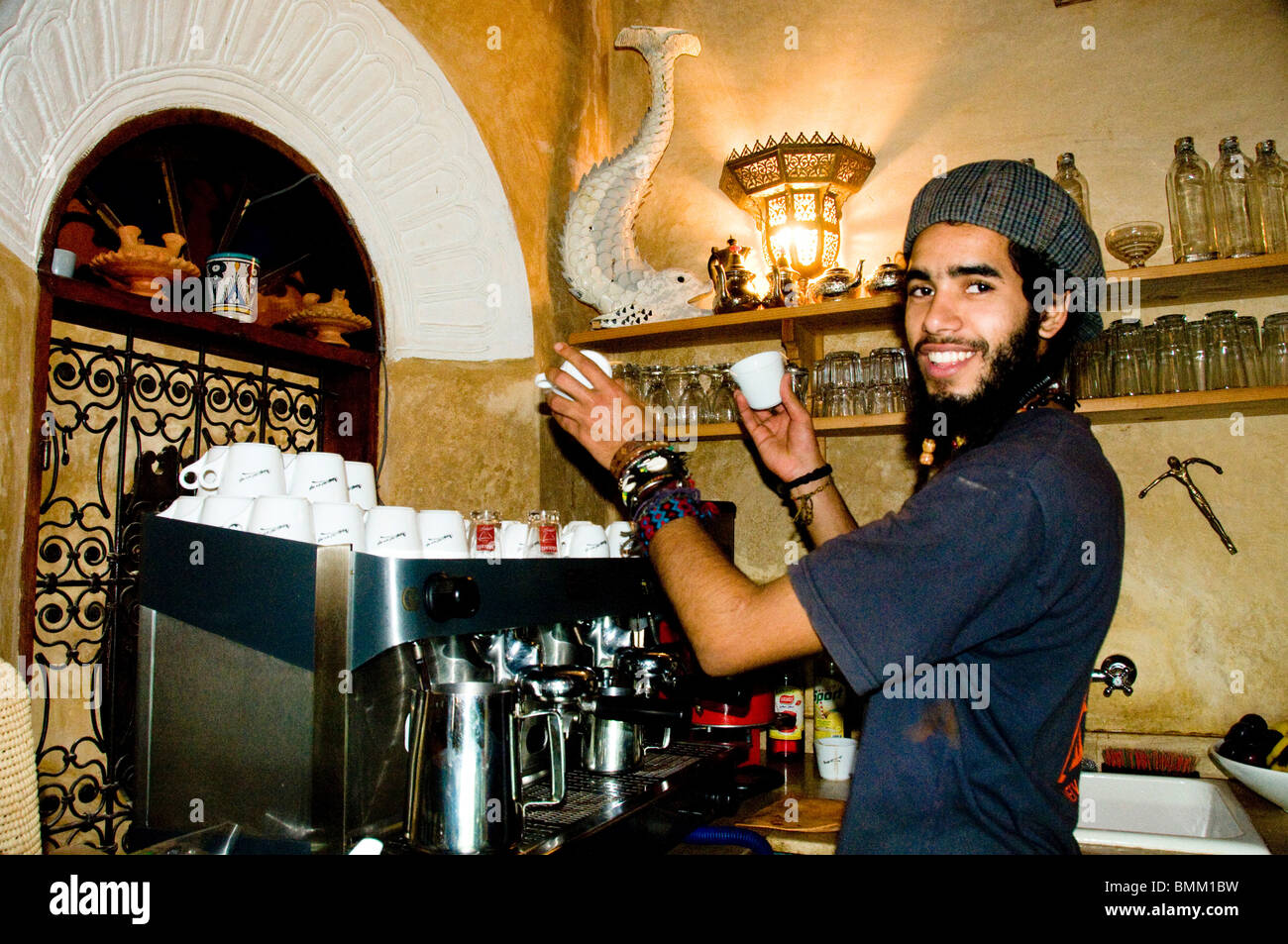 Fez Morocco waiter making expresso coffee at Cafe Clock in the old medina  Stock Photo - Alamy, image size:1300x953