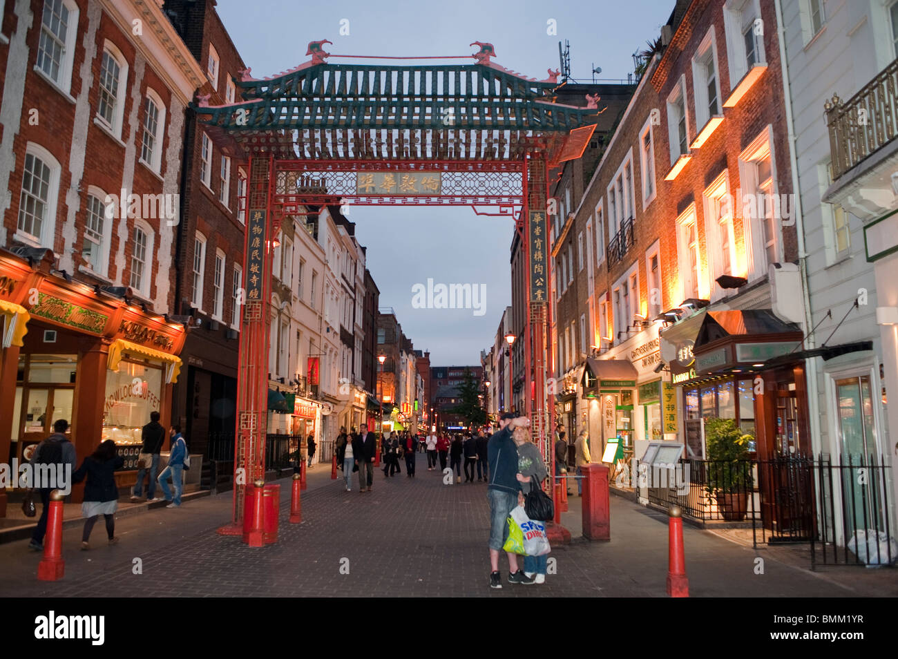 London, Great Britain, UK, Chinatown, Street Scenes city colour, with Chinese, Arch, at dusk Stock Photo