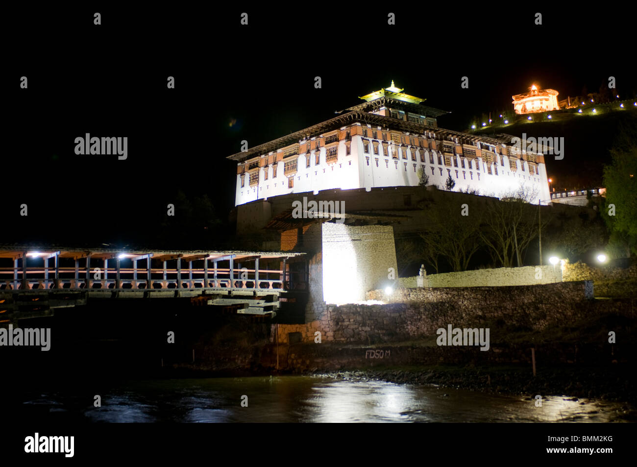 Buddhistic monastery at night, Paro, Bhutan, Asia Stock Photo