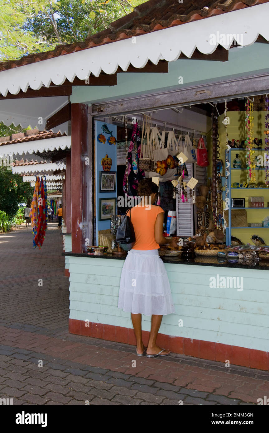 Souvenir stalls at Victoria, Mahe Island Stock Photo